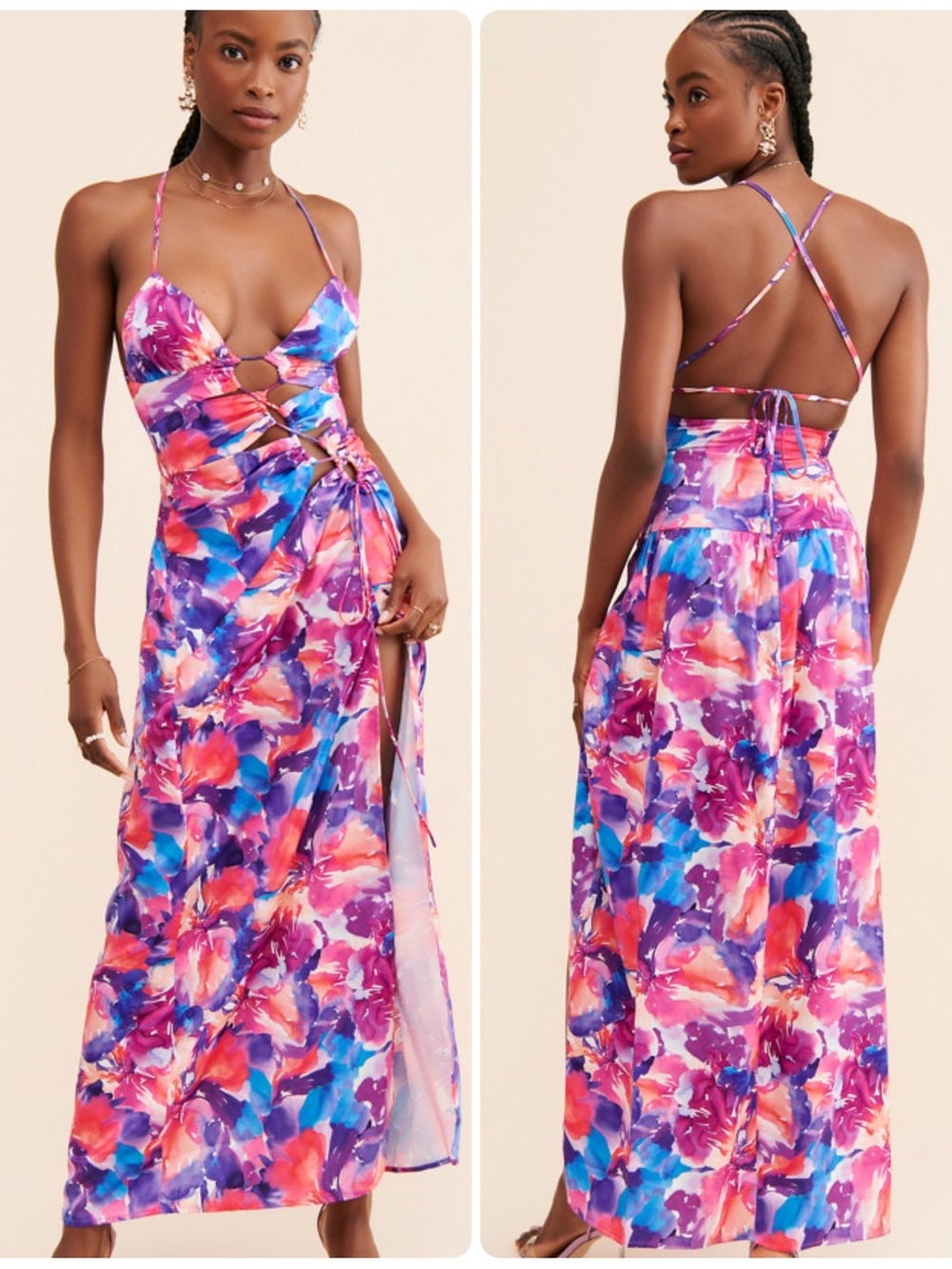 For Love & Lemons Natasha Floral Satin Maxi Dress XS Cutout Vacation Resort - Picture 2 of 13